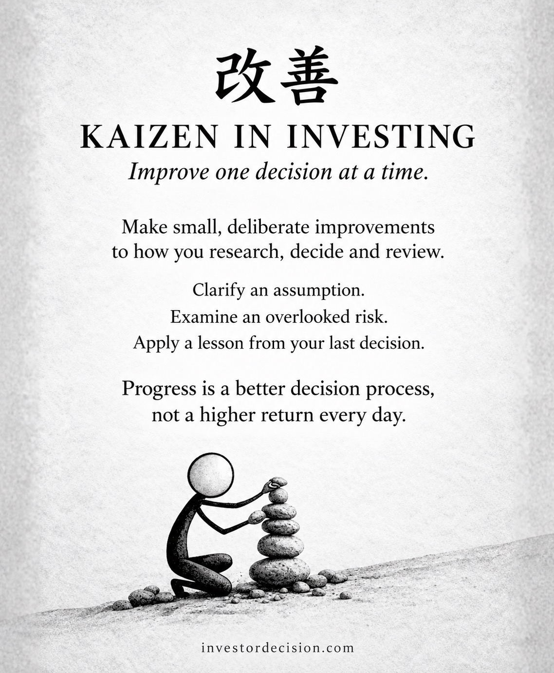 Kaizen in investing: improve one decision at a time through small, deliberate improvements.